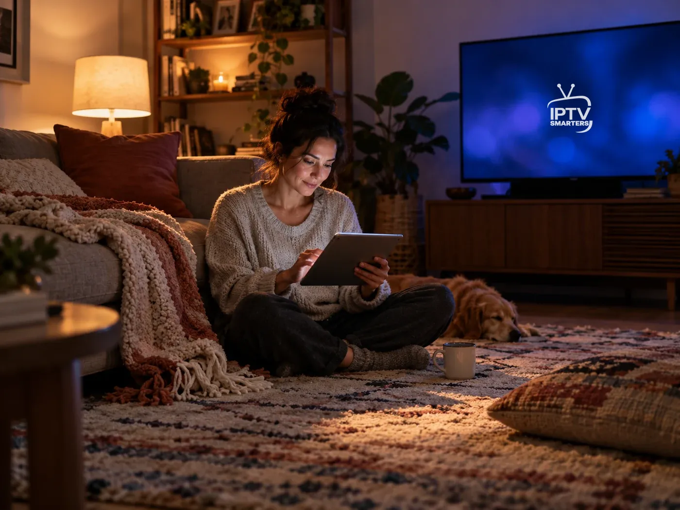 Woman relaxing at home with a tablet beside an abstract indigo television