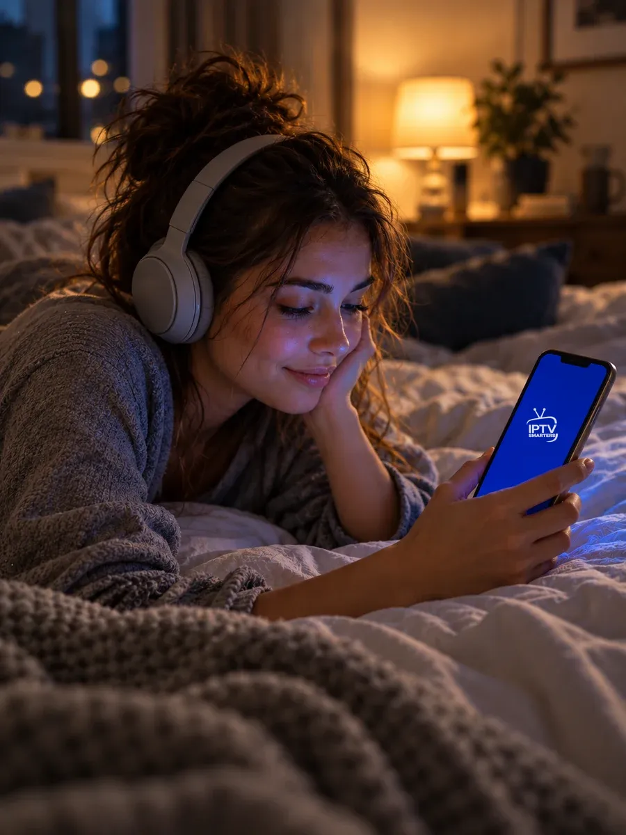 Young woman relaxing on a bed with headphones and a phone